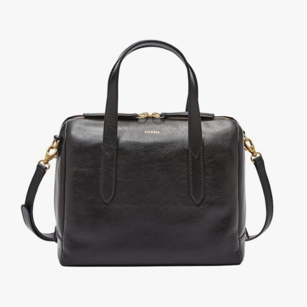 Fossil Sydney Satchel Black Leather Crossbody Bag Handbag with Gold Accents